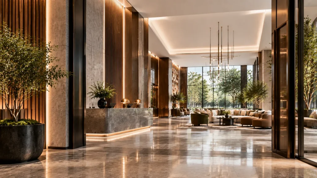 Modern hotel lobby entrance featuring a marble reception desk, architectural wood details, lounge seating, natural stone finishes, and warm hospitality lighting