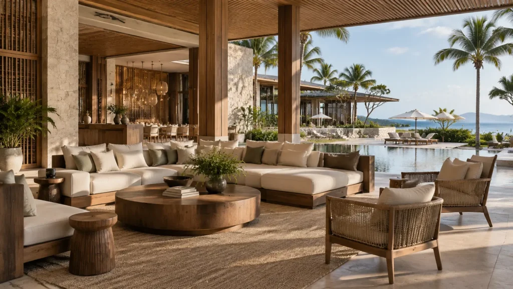 Luxury resort furniture solutions featuring a modern tropical lounge with custom hospitality furniture, outdoor seating, and premium resort design