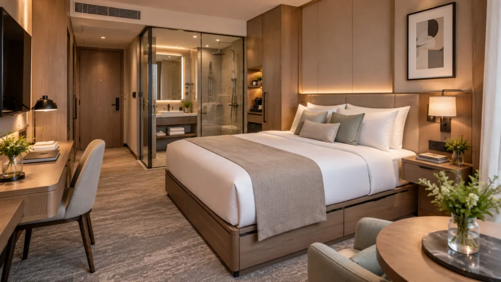 A modern small hotel room design featuring a glass-walled bathroom, built-in storage bed, custom furniture, and a luxury space-saving interior layout.