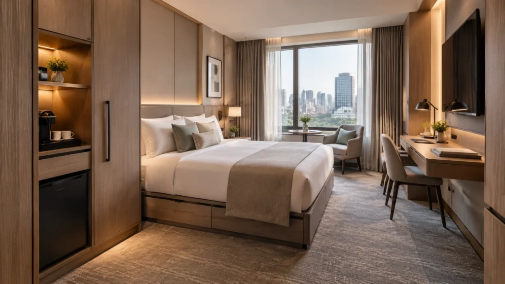 A small hotel room design featuring built-in furniture, a space-saving platform bed, integrated storage, and a modern luxury interior layout.