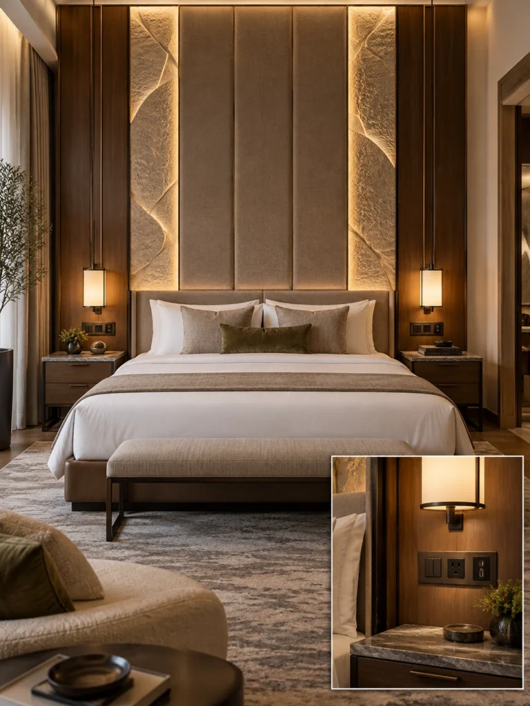 Statement hotel headboard wall with integrated lighting, bedside controls, USB charging, and nightstands