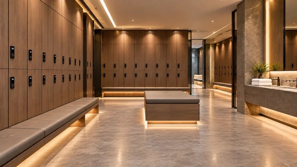 Commercial gym lockers in a modern changing room with wood-finish doors, electronic locks, and integrated benches