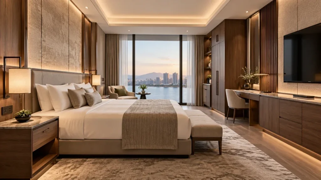 Luxury hotel guestroom featuring wooden bedside tables, a built-in wardrobe, and a custom TV console.