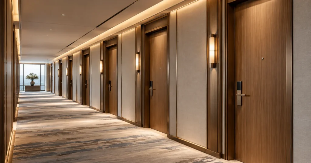 Luxury hotel corridor featuring wooden guestroom doors with electronic locks