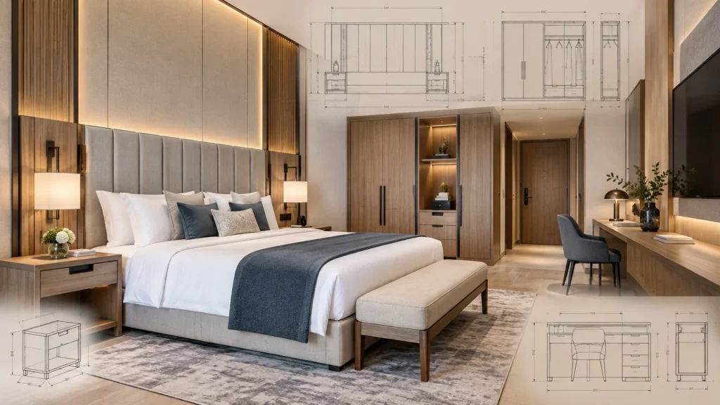 Modern hotel guestroom with custom headboard, wardrobe, desk, and illustrative furniture shop drawing overlays.