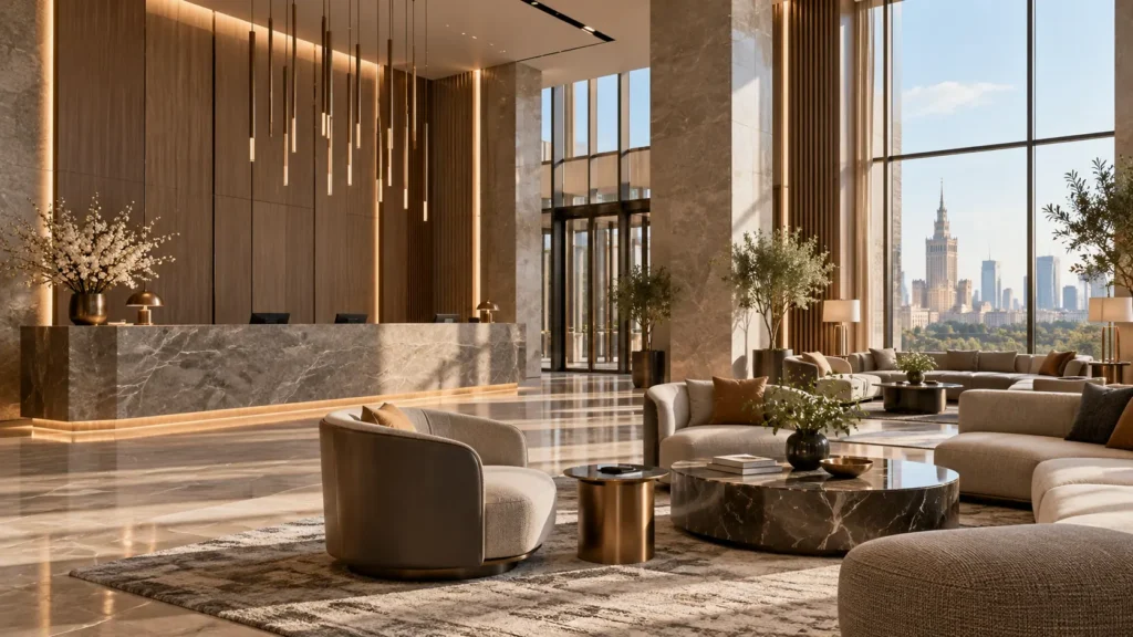 Contemporary luxury hotel lobby featuring a marble reception desk, custom lounge furniture, and elegant architectural lighting.