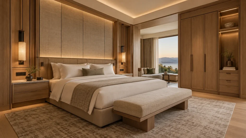 Luxury hotel guestroom featuring custom millwork, a wood-paneled headboard wall, built-in wardrobes, and integrated bedside cabinetry.