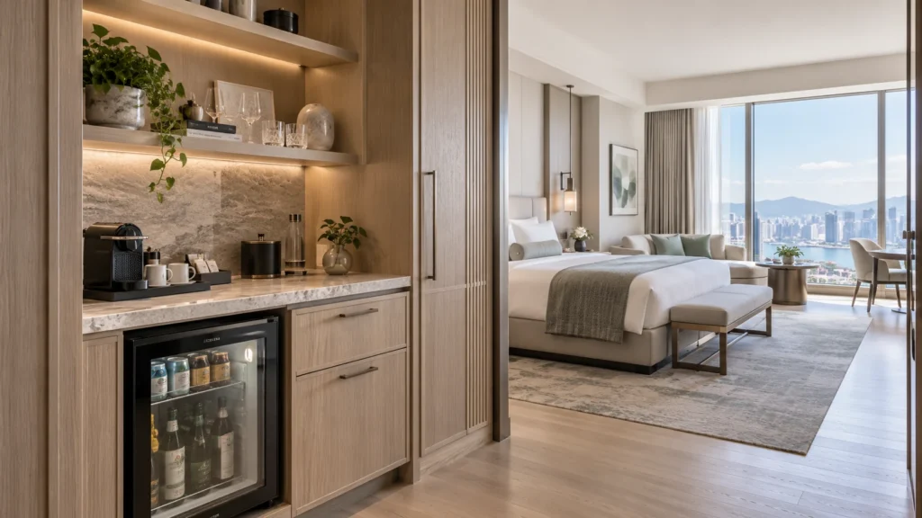 Modern hotel minibar cabinet integrated into custom wood cabinetry with a coffee station and contemporary guestroom furnishings.