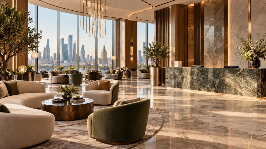 Modern hotel lobby refurbishment in Russia with custom furniture, FF&E, and luxury interior finishes