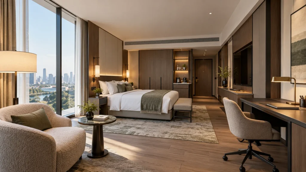 Modern hotel room illustrating ready-made and custom furniture for an IKEA hotel furniture guide