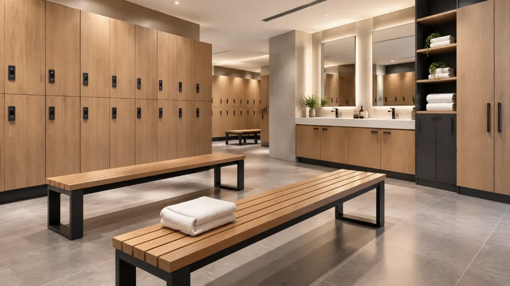 Modern locker room featuring wood lockers, changing benches, vanity cabinets, and open storage shelves