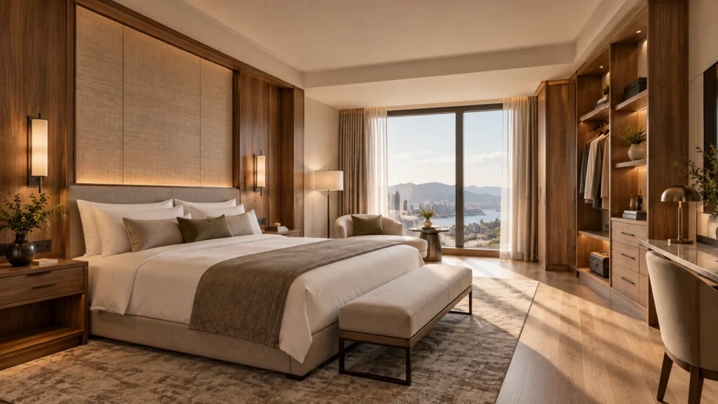 Luxury hotel guestroom featuring custom wood-paneled headboard millwork and built-in wardrobe casework with open shelving and drawers.