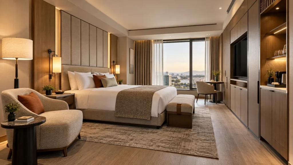 Modern hotel room illustrating ready-made and custom furniture for an IKEA hotel furniture guide