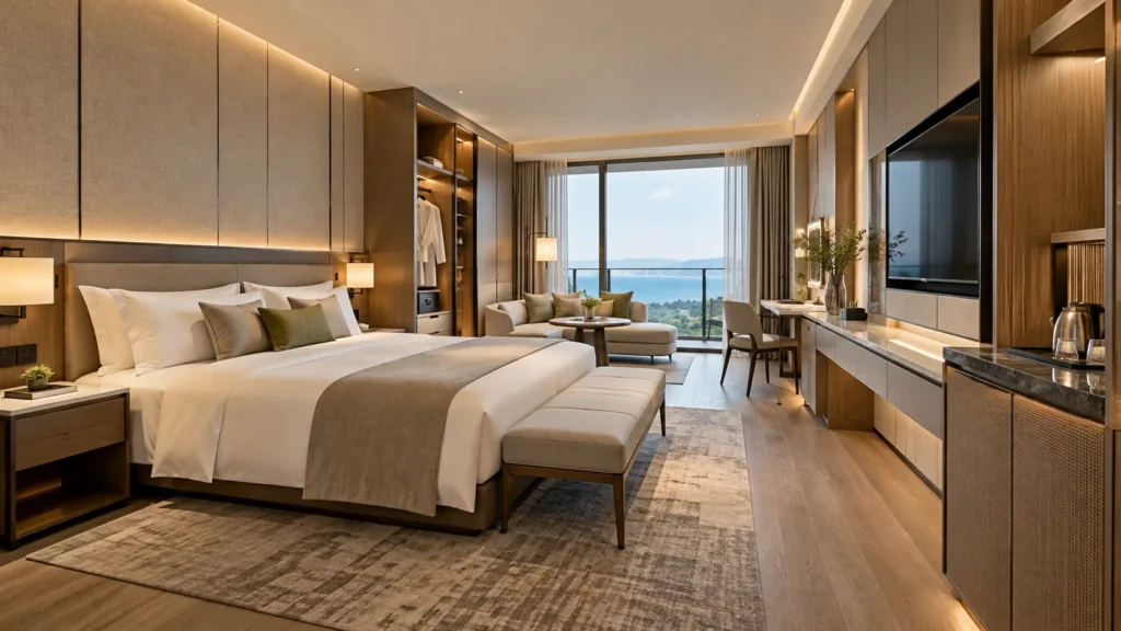Modern hotel guestroom with custom cabinetry and built-in hotel furniture for an OPPEIN vs VOLANT comparison
