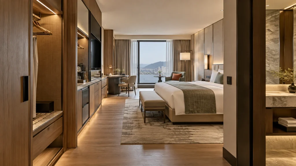 Custom hotel furniture and built-in guestroom systems for an OPPEIN vs VOLANT manufacturer comparison