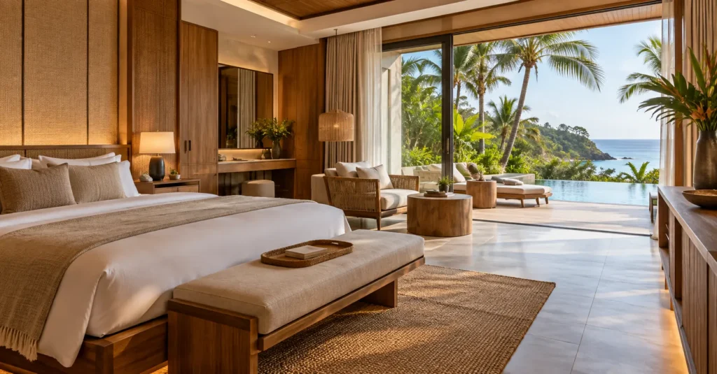 Luxury resort interior with custom furniture and tropical outdoor space in Indonesia
