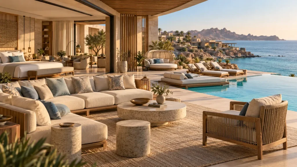 Luxury resort villa featuring custom indoor furniture, outdoor lounge seating, and poolside furniture overlooking the sea.