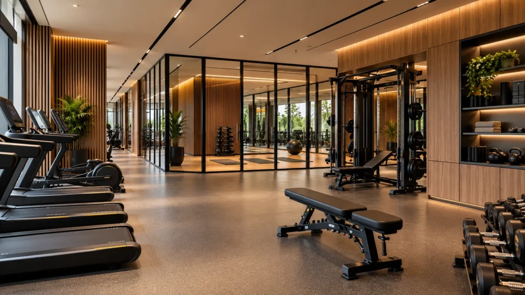 Modern commercial gym interior with glass partitions, wood wall panels, cardio equipment, strength training equipment, and built-in storage.