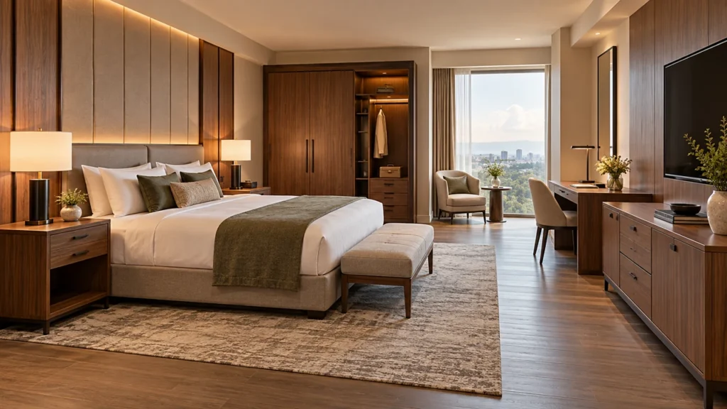 Modern hotel guestroom featuring wooden headboard, nightstands, wardrobe, writing desk, and TV cabinet